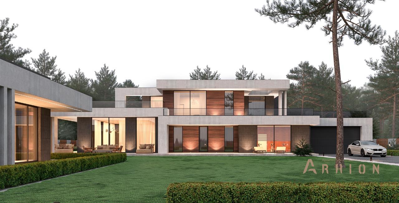 2. Проект двухэтажного дома в стиле хай-тек с плоской кровлей , M-390, площадью - 396 кв c терассой, балконом, гаражом